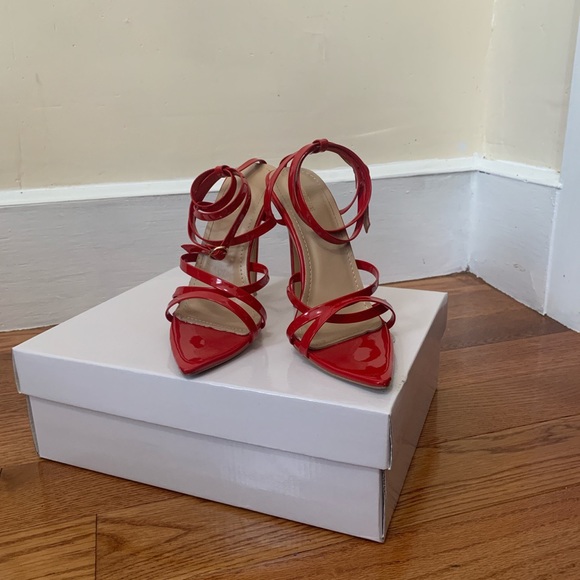 Red Strappy Patent Pointy Toe Heels - Picture 2 of 4